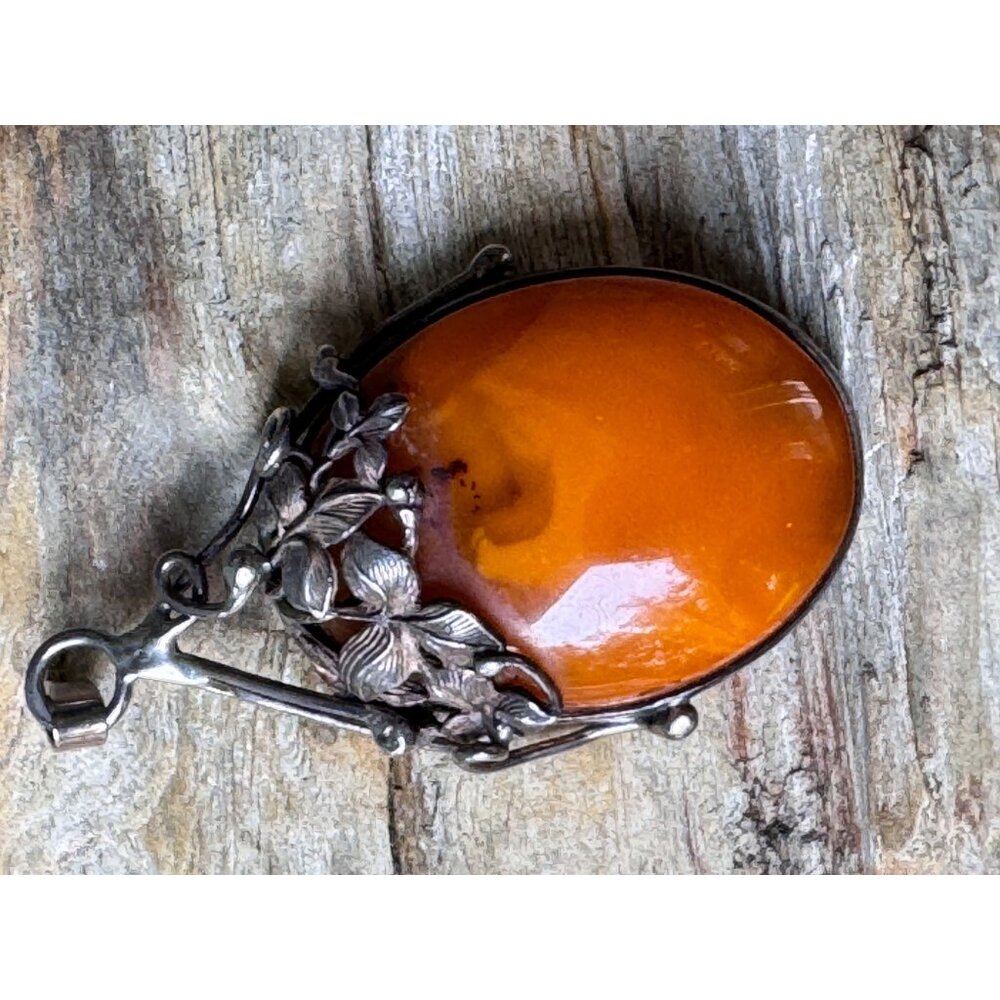 LK Sterling Silver Egg Yolk Butterscotch Amber Pendant Floral 3” 20.45g - Picture 8 of 8